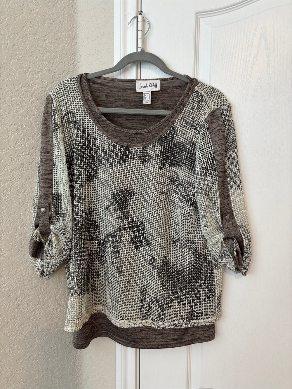 Pre-owned Joseph Ribkoff Gray and Cream Textured Knit Scoop Neck Sweater